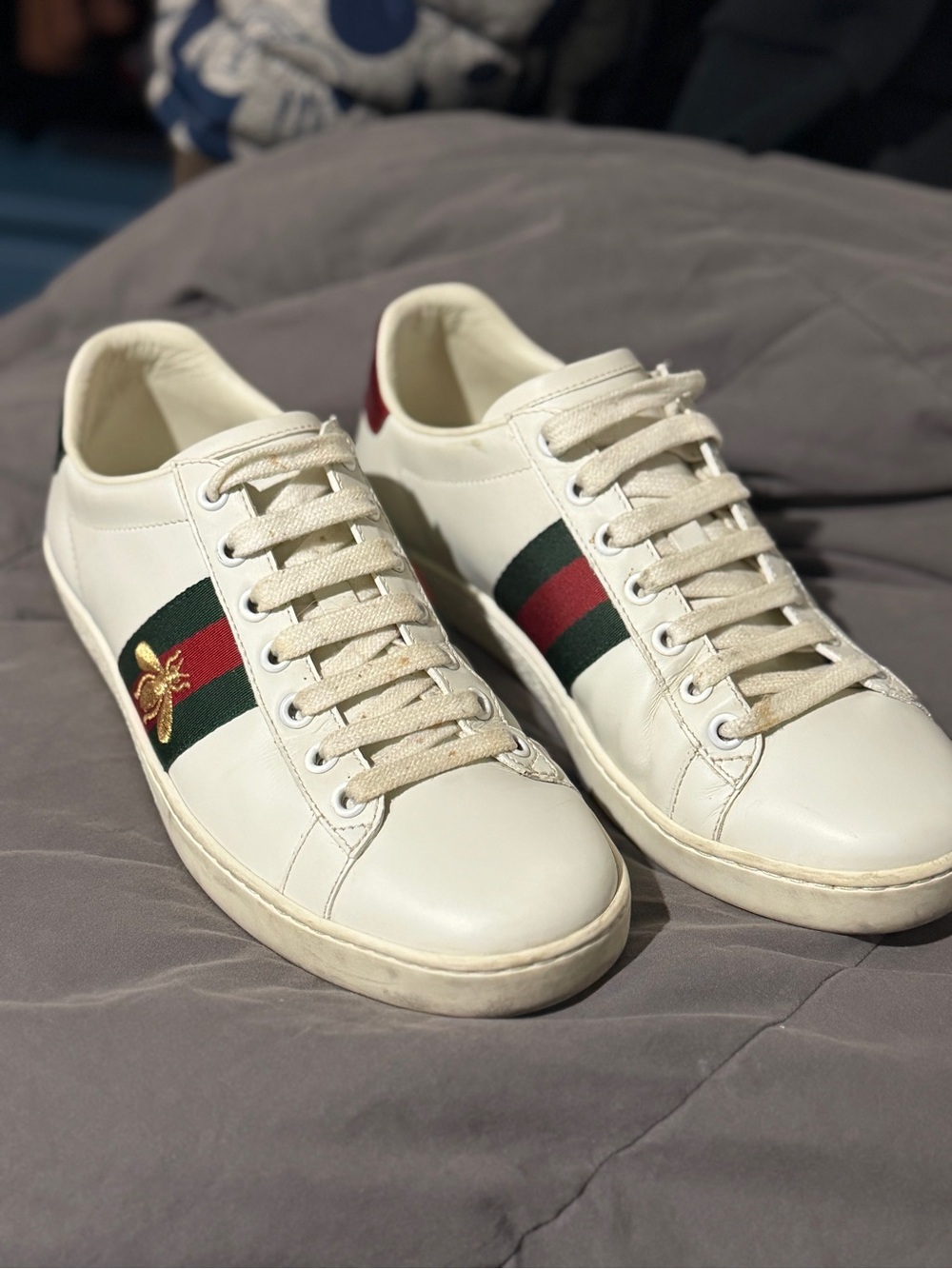 Gucci White Leather Sneakers with Green & Red Web and Gold Bee